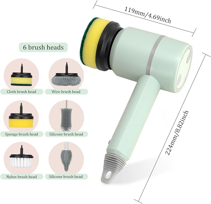 Dish Buddy, Electric Dish Gun for Washing Dishes, Electric Scrub Brush, Electric Dish Scrubber with 6 Replaceable Brush Heads, Handheld Kitchen Cleaning Brushes for Dishes and Kitchen