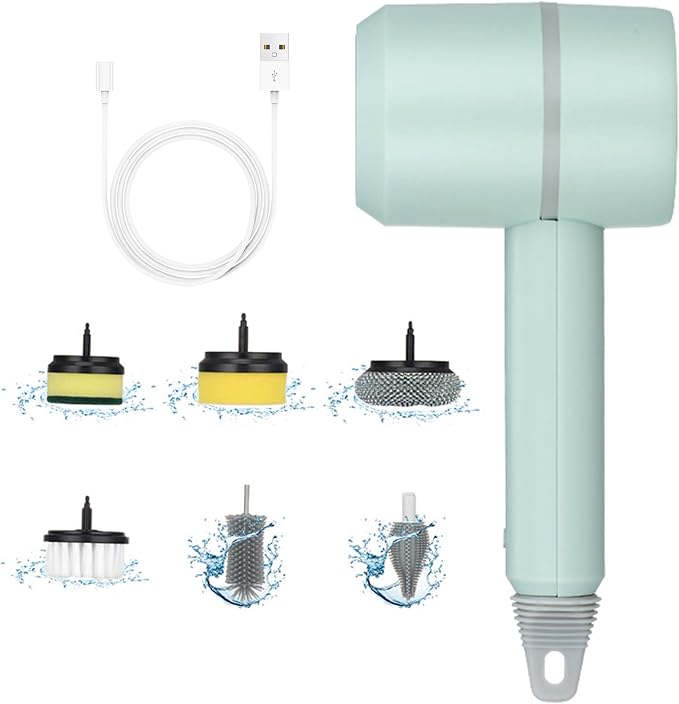 Dish Buddy, Electric Dish Gun for Washing Dishes, Electric Scrub Brush, Electric Dish Scrubber with 6 Replaceable Brush Heads, Handheld Kitchen Cleaning Brushes for Dishes and Kitchen