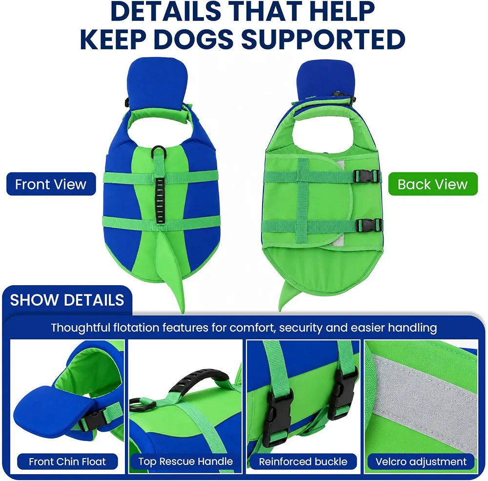 Dog Life Jacket with Chin Float, Shark Vest for Swimming, Rescue Handle
Pet Buoyancy Aid, Neck Support, Adjustable Straps, Quick-Release Buckles, Pool & Beach Use, Small to Large Dogs